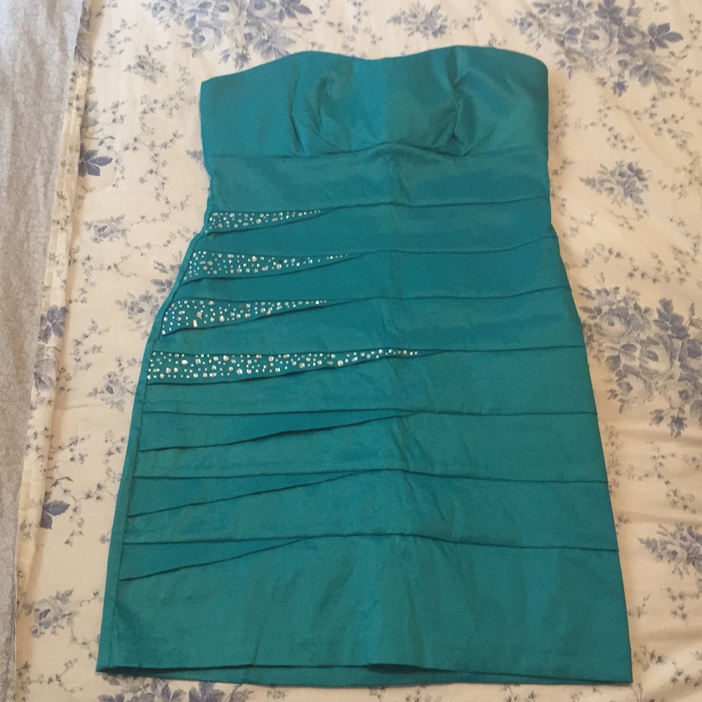 City studio teal rhinestone strapless dress